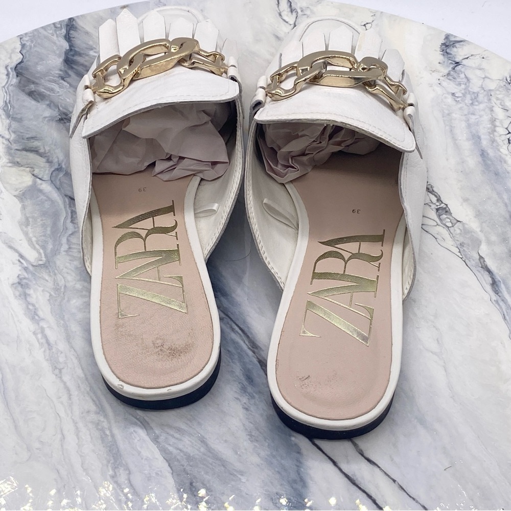 Zara Women’s Ecru White Leather Mule Sandals With Chain Size 39 - Picture 3 of 8